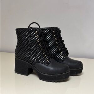 Chunky Black Lace-Up Boots with Platform Sole Woven Details